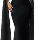 SEBOWEL Women's Cape Sleeve Mesh Maxi Dress Elegant High Neck Formal Evening Gown Party Dress with Cape (Large, Black)