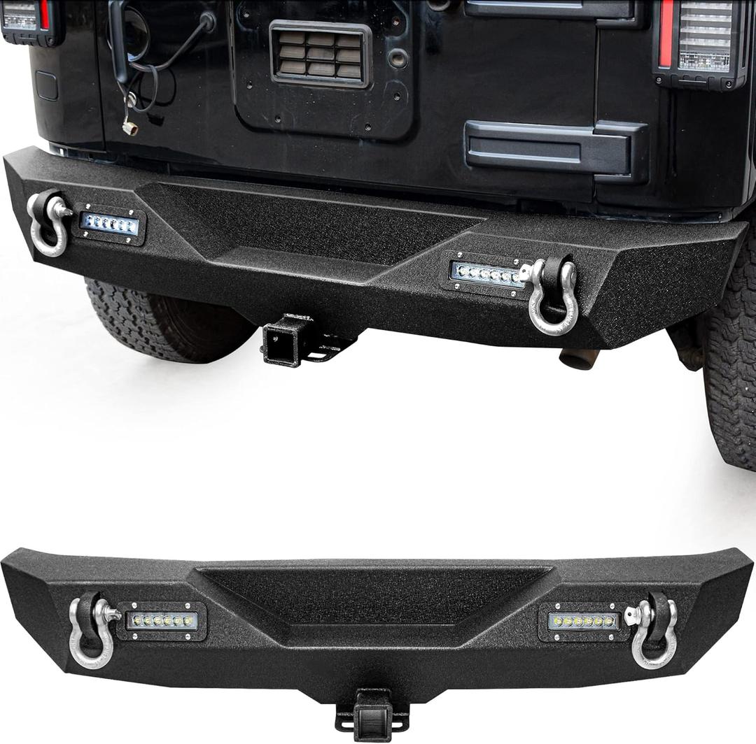 LEDKINGDOMUS Rear Bumper Compatible with 07-18 Jeep Wrangler JK and JK Unlimited, Off Road Back Bumper w/ 2x LED Lights & 2" Hitch Receiver Textured Black