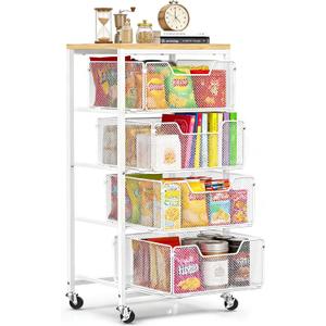 Rolling Cart with Drawers, 4-Tier Utility Cart Snack Storage Organizer with Lockable Wheels, Metal Kitchen Storage Cart with Wooden Top for Craft, Bathroom, School, Office, Bedroom, White