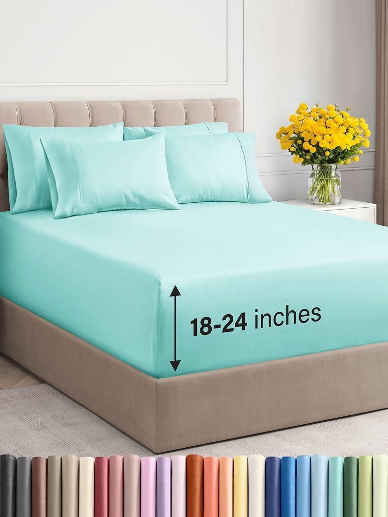 Extra Deep King Sheet Set - 6 Piece Breathable & Cooling Sheets - Hotel Luxury Bed Sheets Set - Easy & Secure Fit - Soft, Wrinkle Free & Comfy Sheets Set - Spa Blue Sheet Set with Extra Deep Pockets