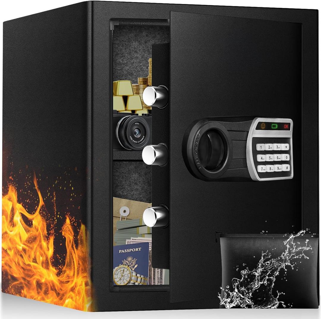 2.5 Cuft Safe Box, Home Safes with Fireproof Waterproof Bag, Anti-Theft Safety Box with Digital Keypad, Smart Alert System, Spare Keys, Removable Shelf, LED Light, Personal Document Safe