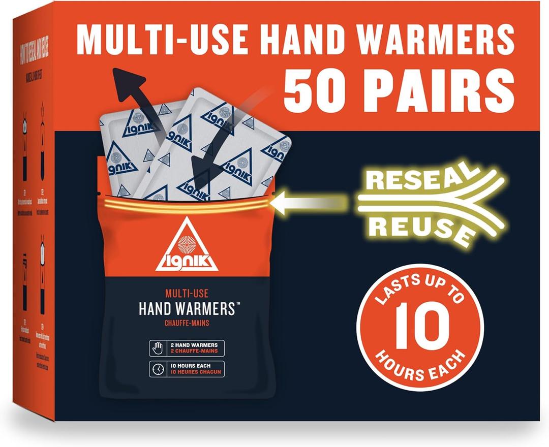 Ignik Resealable Multiple-Use Hand Warmers for 10 Hours of Heat Across 72 Hours, 50 Pairs