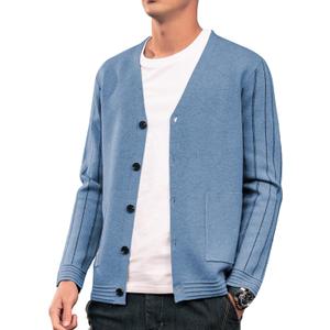 Men's Cardigan Sweater Button Front V-Neck Long Sleeve Knit Sweaters (Blue, 3XL)