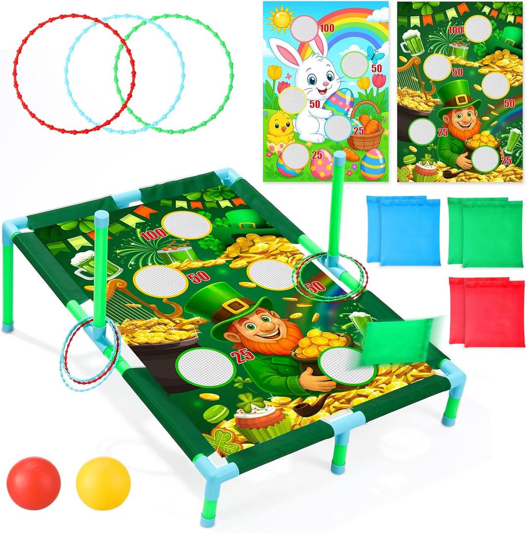 2 Set 3 in 1 St. Patrick's Day Bean Bag Toss with Bean Bags Easter Bunny Portable PVC Framed Cornhole Outdoor Balls Rings Toss Gift for Family Party Supplies Yard Activities