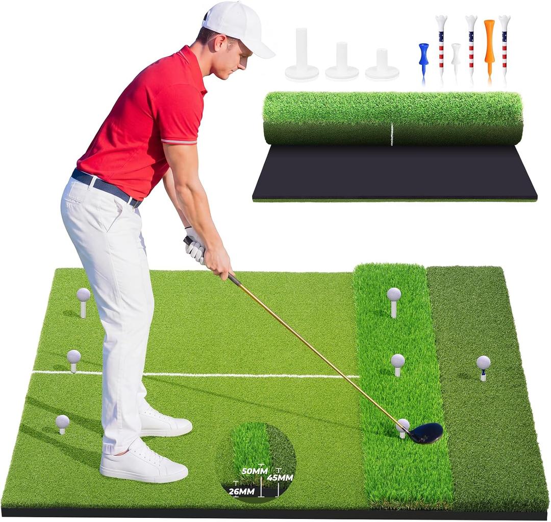 5x4ft Extra Large Golf Hitting Mat, 26mm Thick Tri-Turf Golf Practice Mat for Indoor Outdoor Training, 3-in-1 Professional Golf Turf for Driving, Chipping & Swinging, Gifts for Him Men Women, 5x4ft Tri-Turf Sized