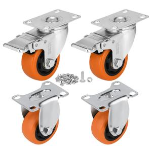 3 Inch Caster Wheels Set of 4 (2 Rigid, 2 Swivel with Brakes), 360 Degree Rotatable, Lockable Plate Caster Wheels with Brakes for Workbench, Cart, Furniture, Load 1800lbs