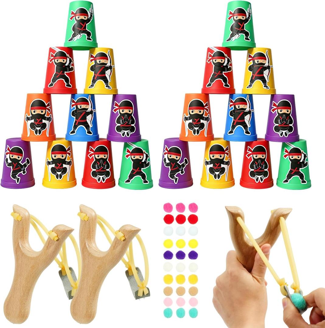 Ninja Party Favors - Wooden Slingshot Catapult Kit for Kids with 30 Pom Poms & 24 Plastic Cups,Ninjago Birthday Party Decorations,Fun Indoor/Outdoor Game,Holiday Games for Ninja Kidz Toys