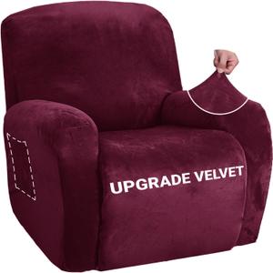 ZNSAYOTX Stretch Velvet Recliner Cover 4-Pieces, Thick Soft Recliner Chair Slipcover with Pocket, Non-Slip Elastic Bottom for Kids Pets, Luxury Plush Reclining Protector Comfy Washable (Wine Red)