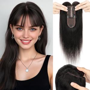 S-noilite Hair Toppers for Women with Bangs Real Human Hair 360 3D Cover Clip in Bangs 2X6 Coverage Clip in Hairpiece for Women with Thinning Hairline 14Inch (Natural Black)