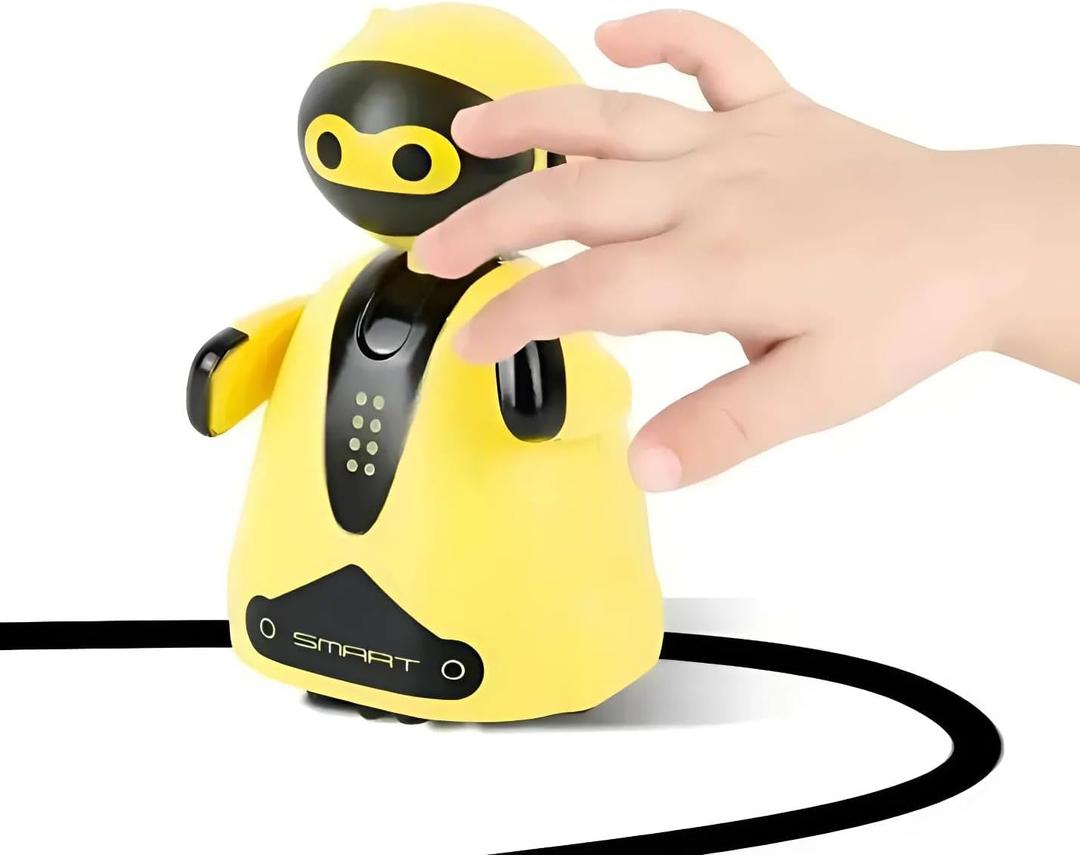 Mini Magic Inductive Robot Toy Tracer Bot Interactive STEM Toy Follow Black Line with LED Light Educational Toys for Kids (Yellow)