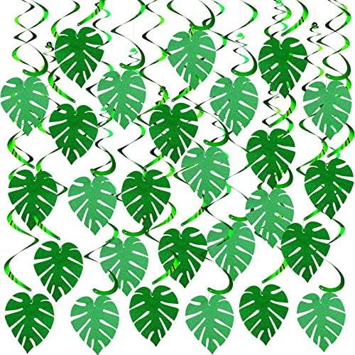 Ireer 64 Pcs Hawaiian Luau Party Palm Leaves Swirl Decorations Hanging Ceiling Glitter Leaves Green Tropical Safari Jungle Party Decor for Easter Palm Sunday Summer Beach Birthday Baby Shower