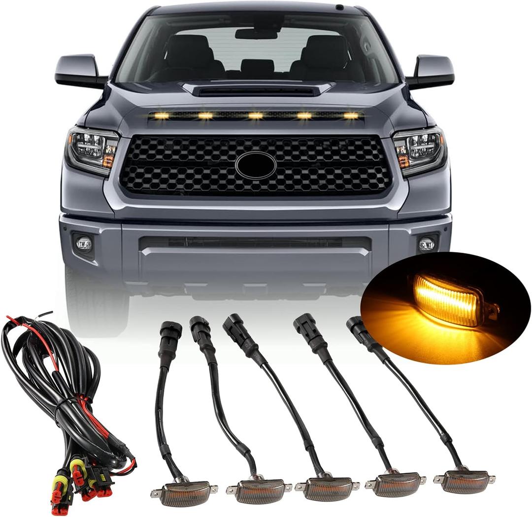 Front Grille LED Lights for Toyota Tundra 2008-2022 Universal Trucks SUV with Raptor Style Grill Trim Amber DRL Lamps for Dodge Ram/Ford F150/ Jeep Gladiator/GMC Sierra/Chevrolet Silverado/ (5PCS)