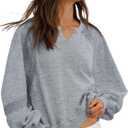 Womens Oversized Sweatshirts V Neck Lace Crochet Lantern Long Sleeve Pullover Cropped Tops Fall Outfits Clothes (Gray, L)