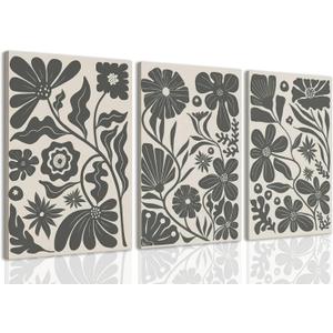 ZQARTZZQ Abstract Boho Black Flowers Plant Wall Art Framed Canvas Set of 3 Vintage Botanical Neutral Floral Artwork Black and White Prints for Wall Decor Aesthetic Picture Painting 12x16in