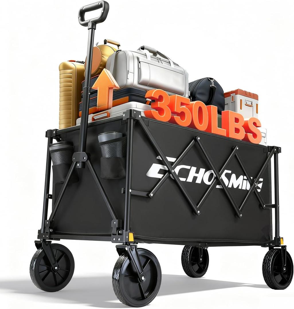 EchoSmile Collapsible Foldable Wagon Cart with 350lbs Weight Capacity, Heavy Duty Folding Utility Sport Wagon with Removeble Wheels for Camping,Grocery,Garden,Beach,Black