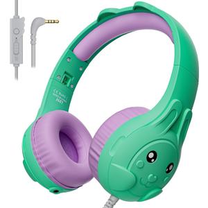 ZIUMIER Kids Headphones, with Microphone, 80/90dB Volume Limiter, Audio Sharing Port, 3.5mm Wired Toddler Headphones for School Travel (Light Green)