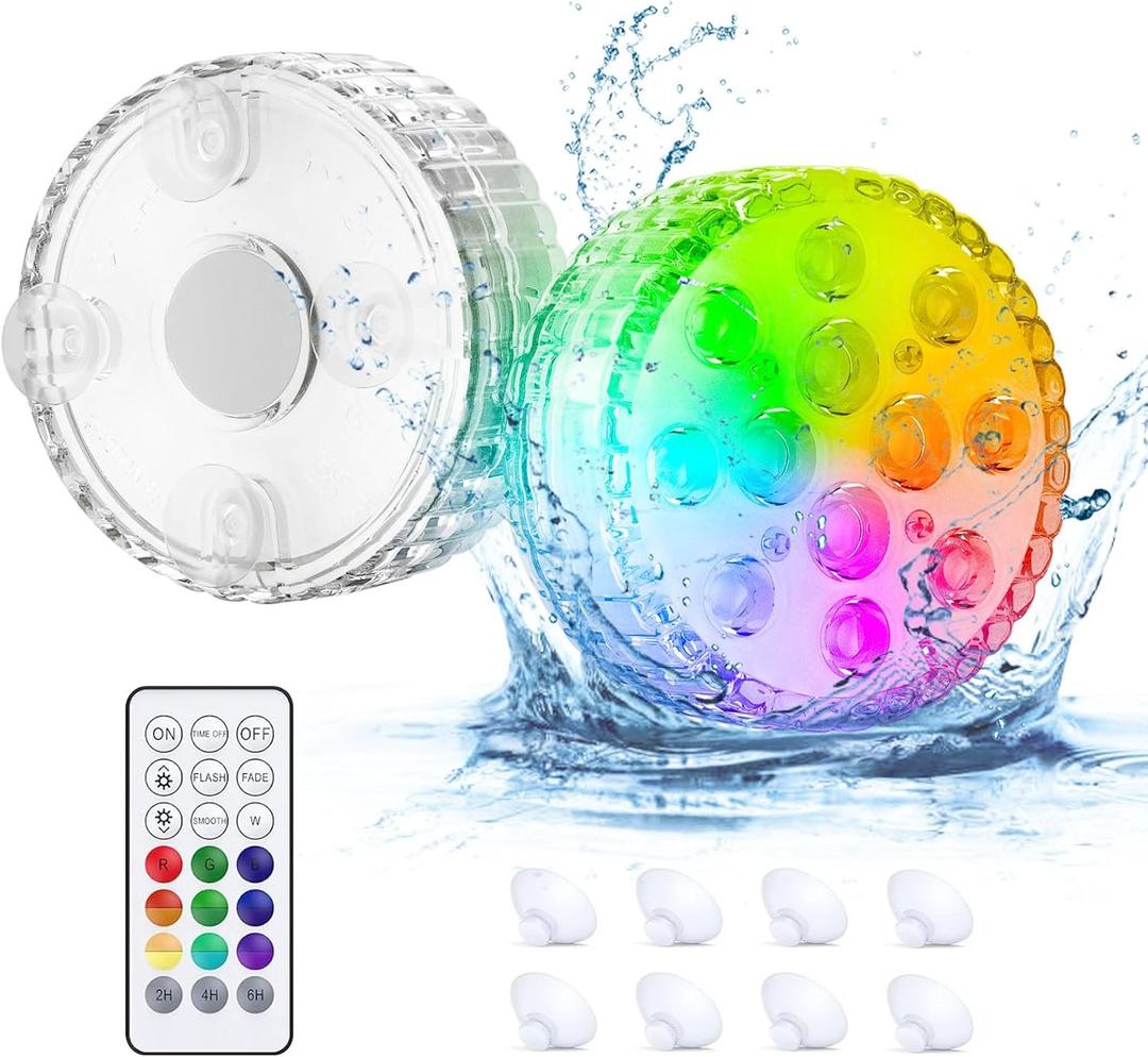 Submersible LED Lights, Underwater Pool Light 16 RGB Color Changing, IP68 Waterproof with RF Remote, Magnetic/Suction Cups/Battery Operated Shower Light for Spa/Hot Tub/Bathtub/Pond (4 Pack)