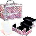 Faquenc Makeup Case with Lighted Mirror Travel Makeup Organizer Box 2 Trays Lockable Cosmetic Train Case with Movable LED Mirror for Girls Make Up Nail Kits Sewing Vanity Storage Case Shiny Pink