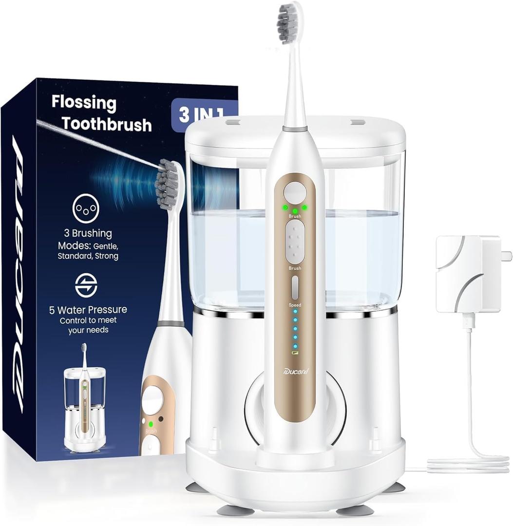 Electric Toothbrush with Water Flosser, Upgrade Flossing Toothbrush Combo with 3 Brush + 1 Nozzle, 5 Floss Speeds&3 Brush Modes, 500mL Tank, 30-Day Battery, for Adults & Teens, Gums, Braces-White