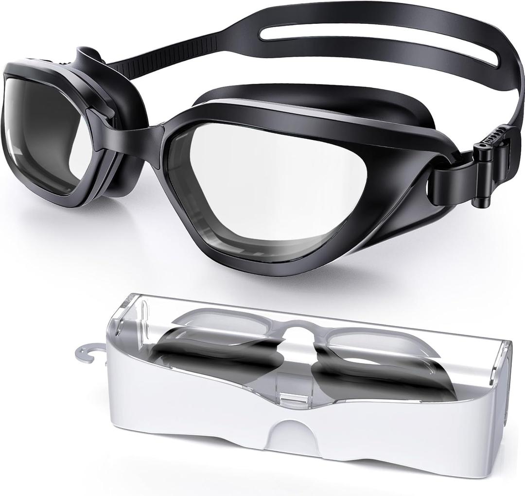 Swim Goggles, Unisex Adult Swimming Goggles Anti Fog Anti UV No Leakage Wide View for Men Women Youth (Black/Clear Smoke)