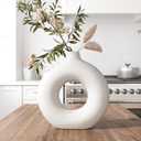 Cream White Donut Vase 9 Inch Hollow Ceramic Vase for Flowers Pampas Grass Home Decor, Modern Minimalist Boho Style Decorative Circle Vase for Living Room, Dining Tabletop, Office, Farmhouse