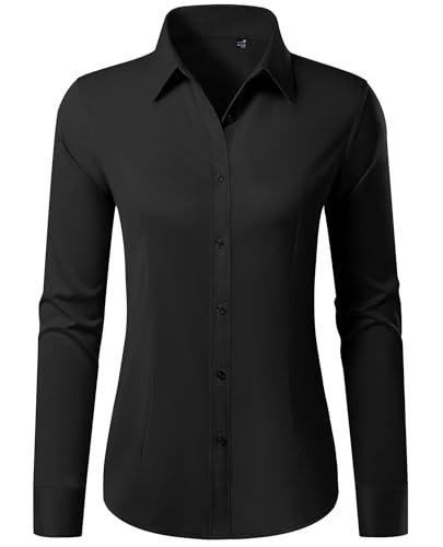 Gleeivy Button Down Shirts for Women Stain Shield No Iron Solid Button Blouse Slim Fit Silk Cotton Black Collared Long Sleeve Stretch Casual Business Dress Button Up Shirt Office Uniform, Size M