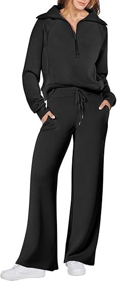 ANRABESS Women 2 Piece Outfits 2025 Fall Fashion Airport Wide Leg Pants Lounge Set Leisure Travel Vacation Clothes Sweatsuits
 Size XL