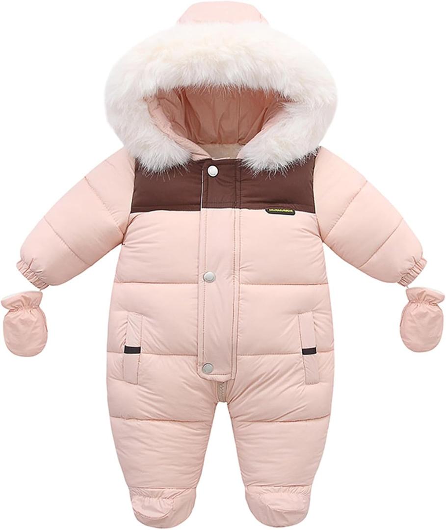 Fairy Baby Infant Baby Winter Snowsuit Coat Romper Hooded Double Zipper Fur Collar Warm Jumpsuit for Boys Girls 6-9 Months Pink Warm