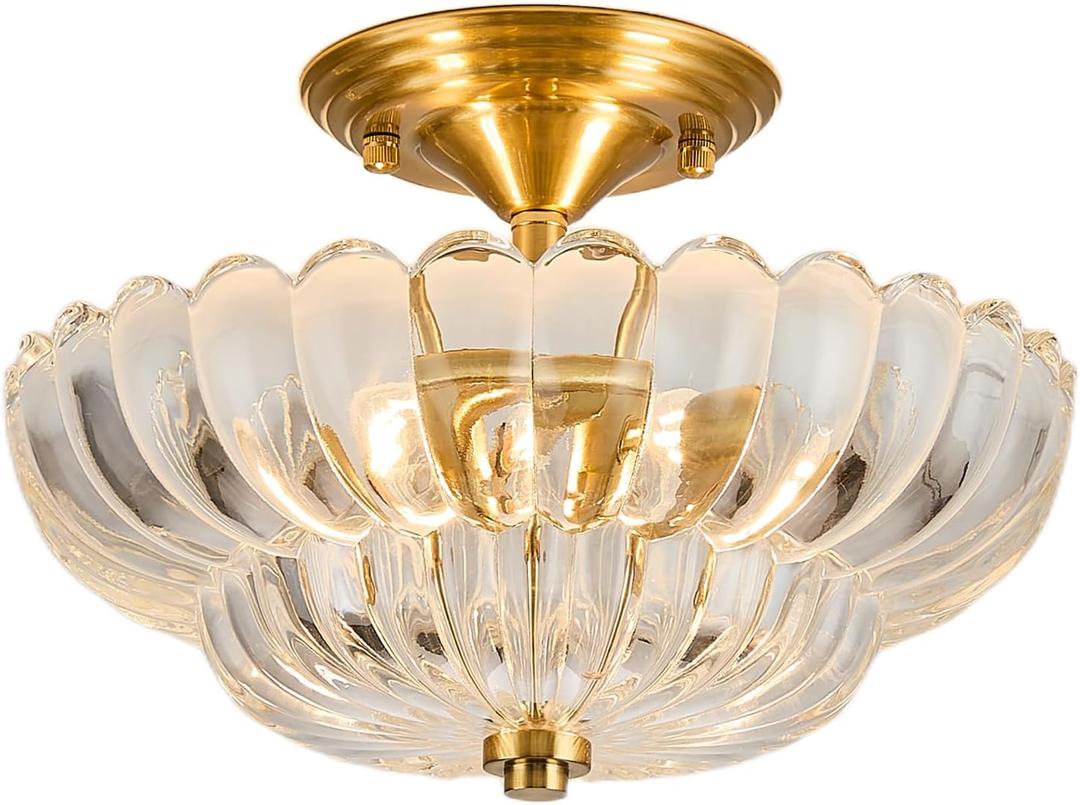 Semi Flush Mount Ceiling Light, Scalloped Clear Glass Close to Ceiling Light Fixtures with 2 Lights, Gold Vintage Light fixtures for Bedroom Living Room Entryway Hallway