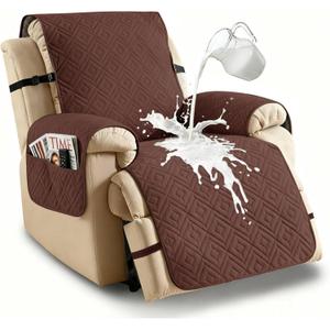 XINEAGE 100% Waterproof Recliner Cover, Non Slip Recliner Chair Cover with Elastic Band, Washable Recliner Slipcover with Storage Pockets for Kids, Pets (Coffee, 28")
