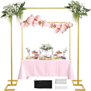 8.2FT Square Arch Backdrop Stand,Metal Gold Backdrop Stand Heavy Duty Adjustable,Extra 2 Clamps Change Over The Table Rod Stand,Wedding Balloon Arch Stand for Valentine Parties Decoration