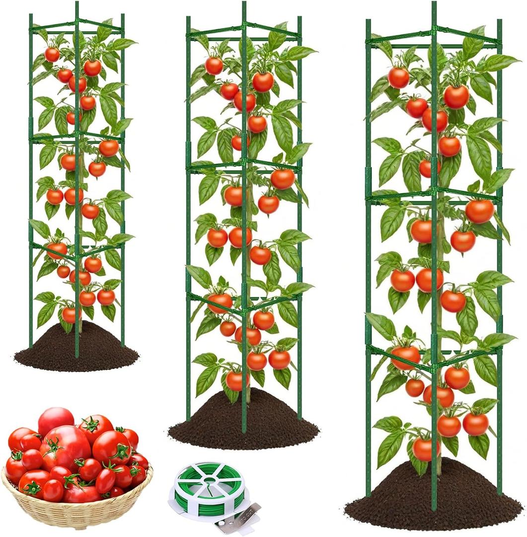 3 Pack Tomato Cages for Garden Support, Up to 48Inch Trellis Assembled Stakes, Plant Support With 66Ft Twist Tie, Fit Vertical Climbing Vegetables, Flowers