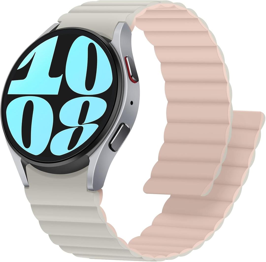 Anlinser Magnetic Bands Compatible with Samsung Galaxy Watch 7/6/5/4/FE Band 44mm 40mm, Galaxy Watch 6 Classic 47mm 43mm/5 Pro 45mm, Waterproof Sport Strap for Women Men, Starlight/Pink