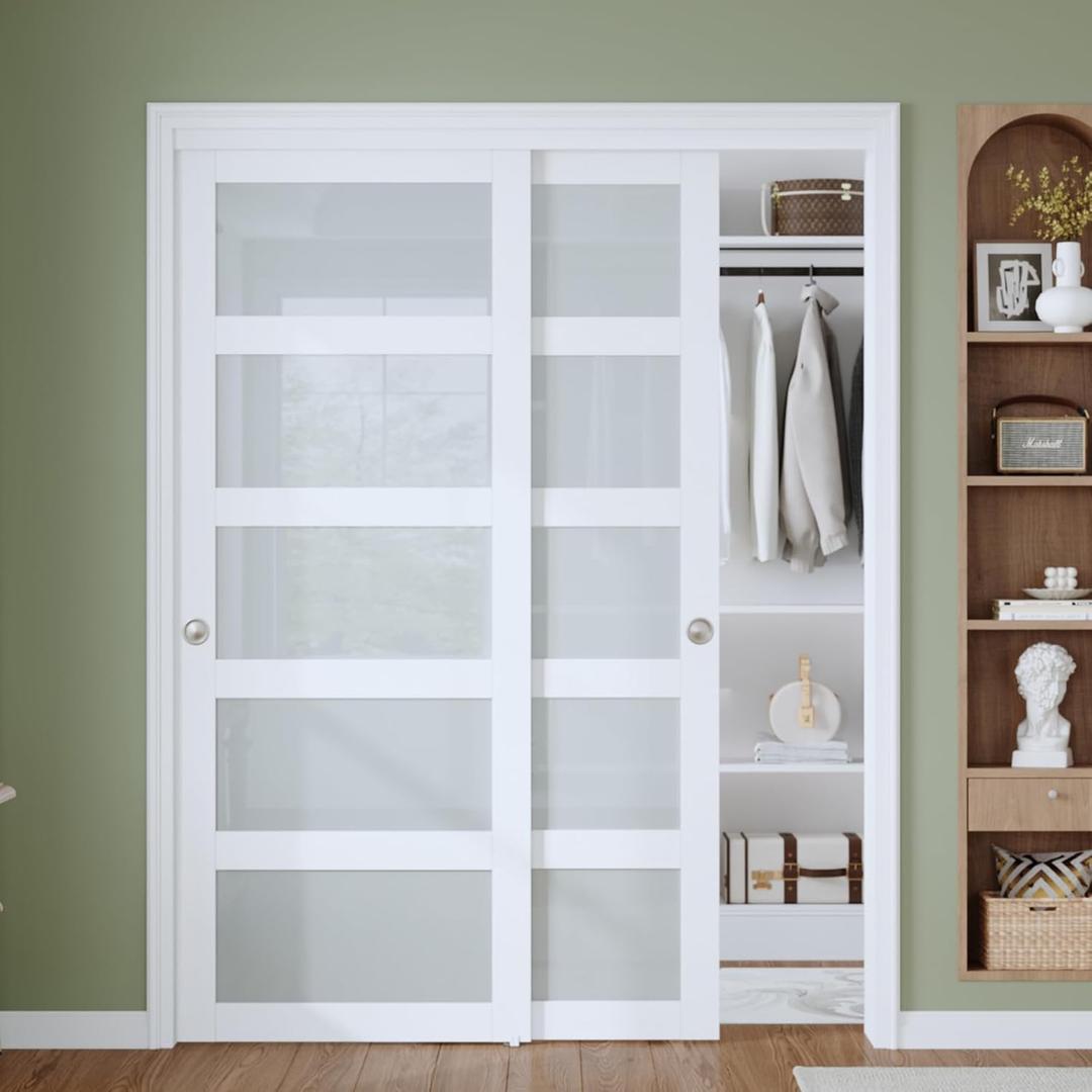 Finosen Bypass Sliding Closet Door Slab, 60 x 80 in (Double 31 inch), 5-Lite Frosted Glass, Barn Door with Hardware Kit Included, Need to Assemble, MDF with PVC Surface, White