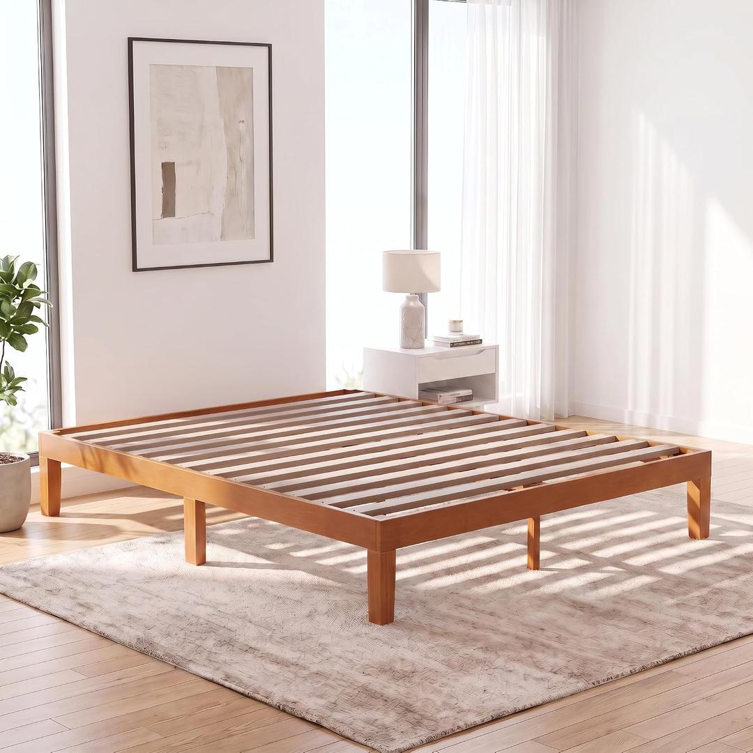 DUMOS Solid Wood Platform Queen Bed Frame, 12inch Wooden Mattress Foundation with Sturdy Wood Slat Support, No Box Spring Needed, Under Bed Storage, Natural Pine