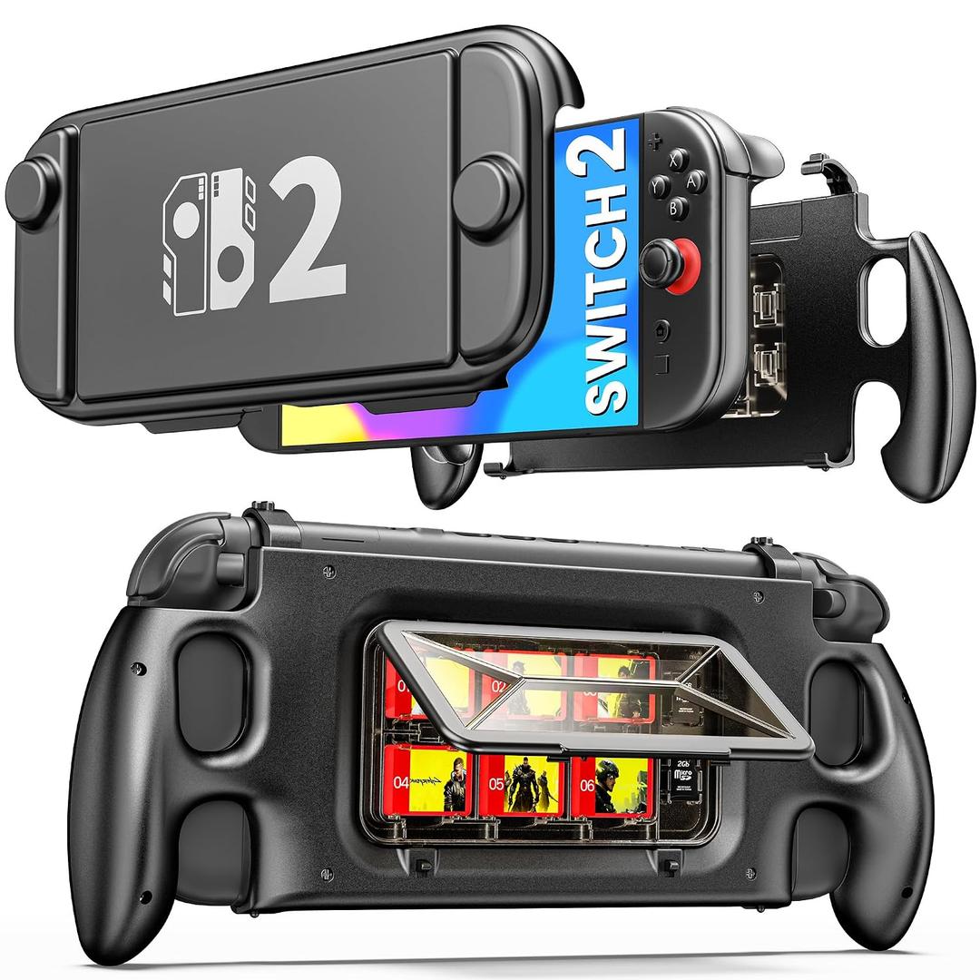 EXTREMECOOL Enhanced Switch 2 Grip - Ergonomic Hard Shell with 6 Game Slots & Front Cover | Handheld Mode Only | NOT Dockable | Lightweight & Travel-Ready Protective Shell (Black)