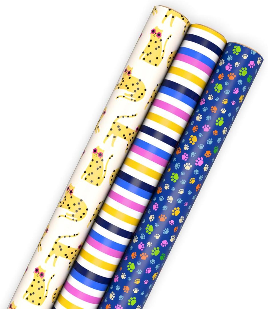 Hallmark Cat Wrapping Paper Rolls with Cutlines on Reverse (3 Rolls: 75 Sq. Ft. Total) Cheetahs in Sunglasses, Paw Prints, Pink, Yellow and Blue Stripes