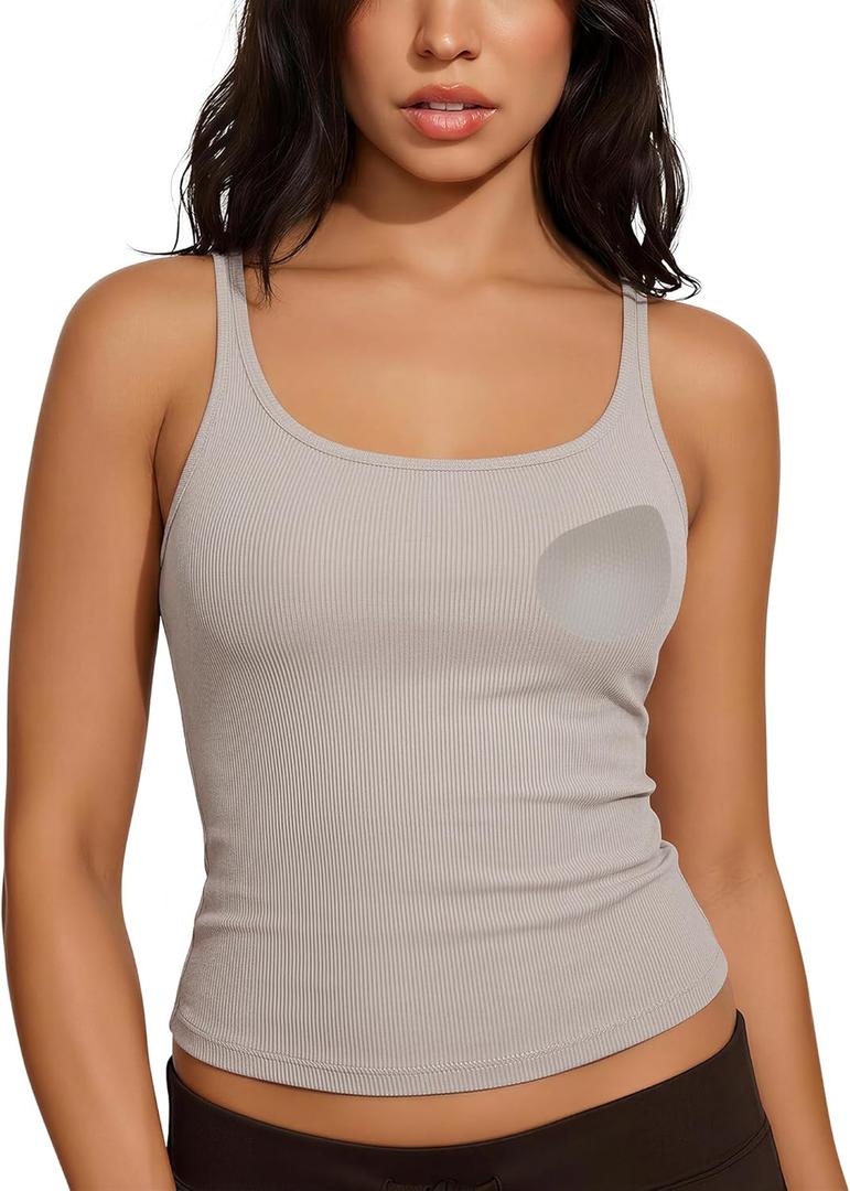 SUUKSESS Women Padded Cotton Ribbed Tank Tops Casual Summer Going Out Sleeveless Scoop Neck Basic Cami Tops (Beige, XS)