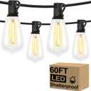 Brightever LED Outdoor String Lights 60FT with 32 Shatterproof ST38 Vintage Edison Bulbs, Outside Hanging Lights Waterproof for Patio, Porch, Deck, Garden, Backyard, Balcony, 2700K Dimmable (60FT-Warm White, Black Wire)