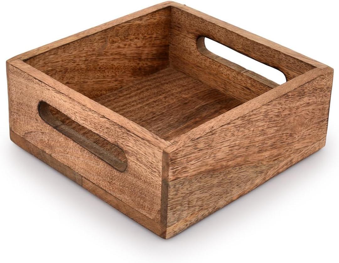 Wooden Napkin Holder with Handles, Square Storage Box, 7.5 x 7.5 x 2.75 inches, Brown