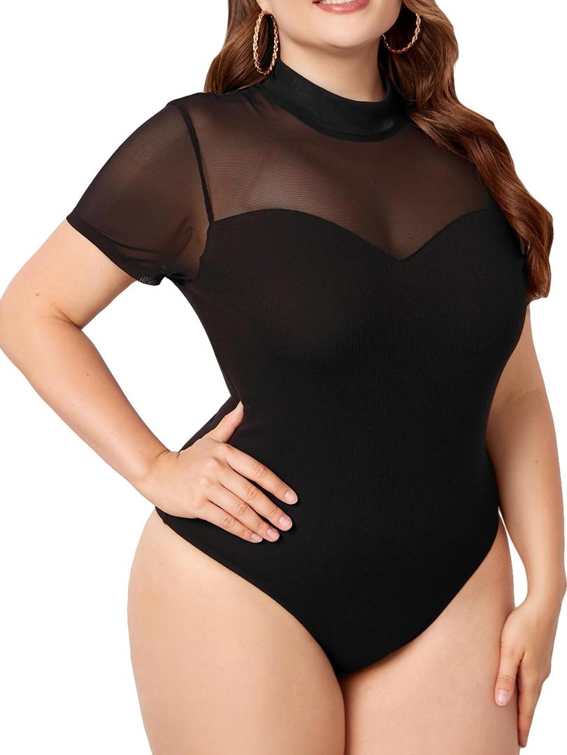 Milumia Women's Plus Size Cut Out Sheer Mesh Bodysuit Short Sleeve Mock Neck Fitted Going Out Top, 3XL