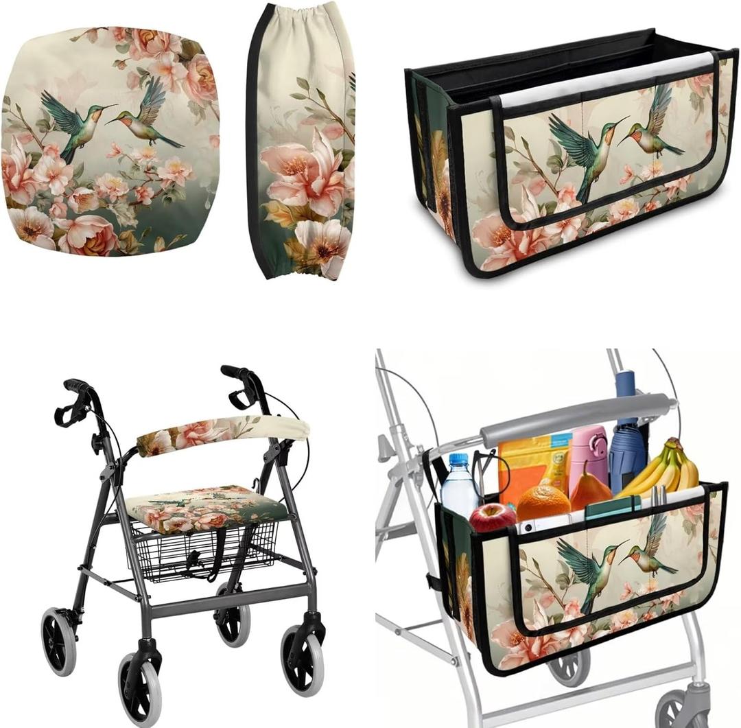 LedBack Hummingbird Floral Mobility Scooter Accessories Sets Walker Seat Rollator Seat Cushion Back Cover for Seniors Universal Walker Storage Basket