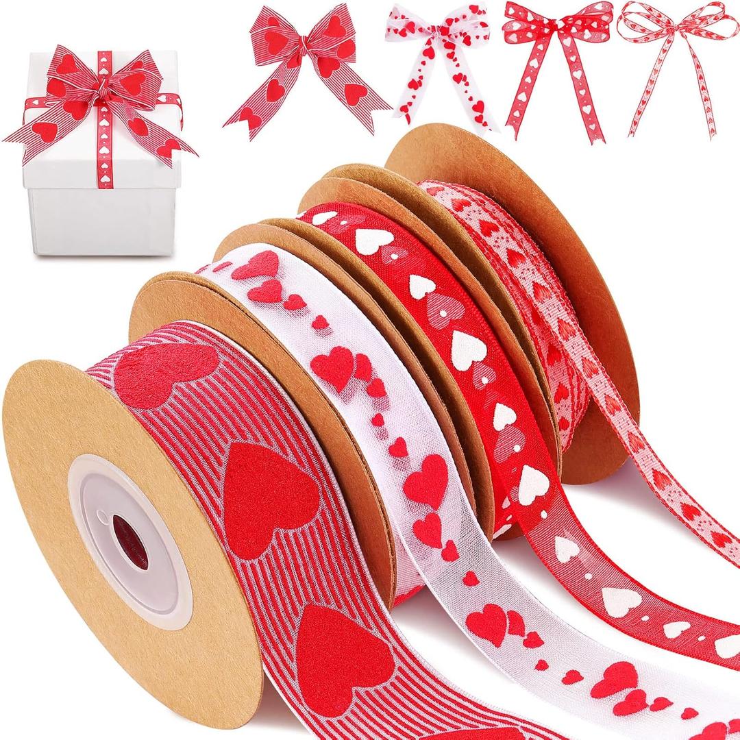 4 Rolls Valentine's Day Wired Ribbon Heart Valentine Ribbon Polyester Wrapping Bow for DIY Craft Wrapping Wedding Home Decor, 11 Yards, 5.5 Yards