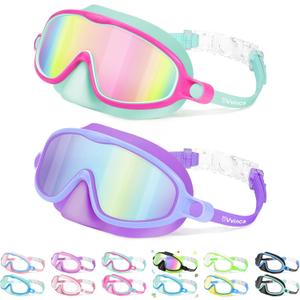 Vvinca 2 Pcs Kids-Swim-Goggles with Nose Cover, Swimming Diving Mask Wide View Anti Fog UV Anti Shattered Lens for Kids 3-5 (02-Mirrored Mermaid Purple& Green)