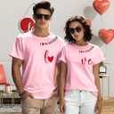 Valentine's Matching Couples Shirts Love Heart Print Graphic Shirt Husband Wife Short Sleeve Tees Tops (Pink, XL)