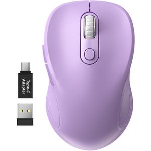 WisFox 2.4G Wireless Mouse for Laptop, Ergonomic Computer Mouse with USB Receiver and Type-C Adapter, 3 Adjustable Levels DPI, 6 Button Mice (Lilac)