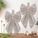 2 Pcs Beige Buffalo Plaid Christmas Wreath Bows 19.6'' x 11.8'' Large Christmas Tree Topper Ornament Wreath Sash for Front Door Xmas Party Yard Doorway Indoor Outdoor Wall Decoration