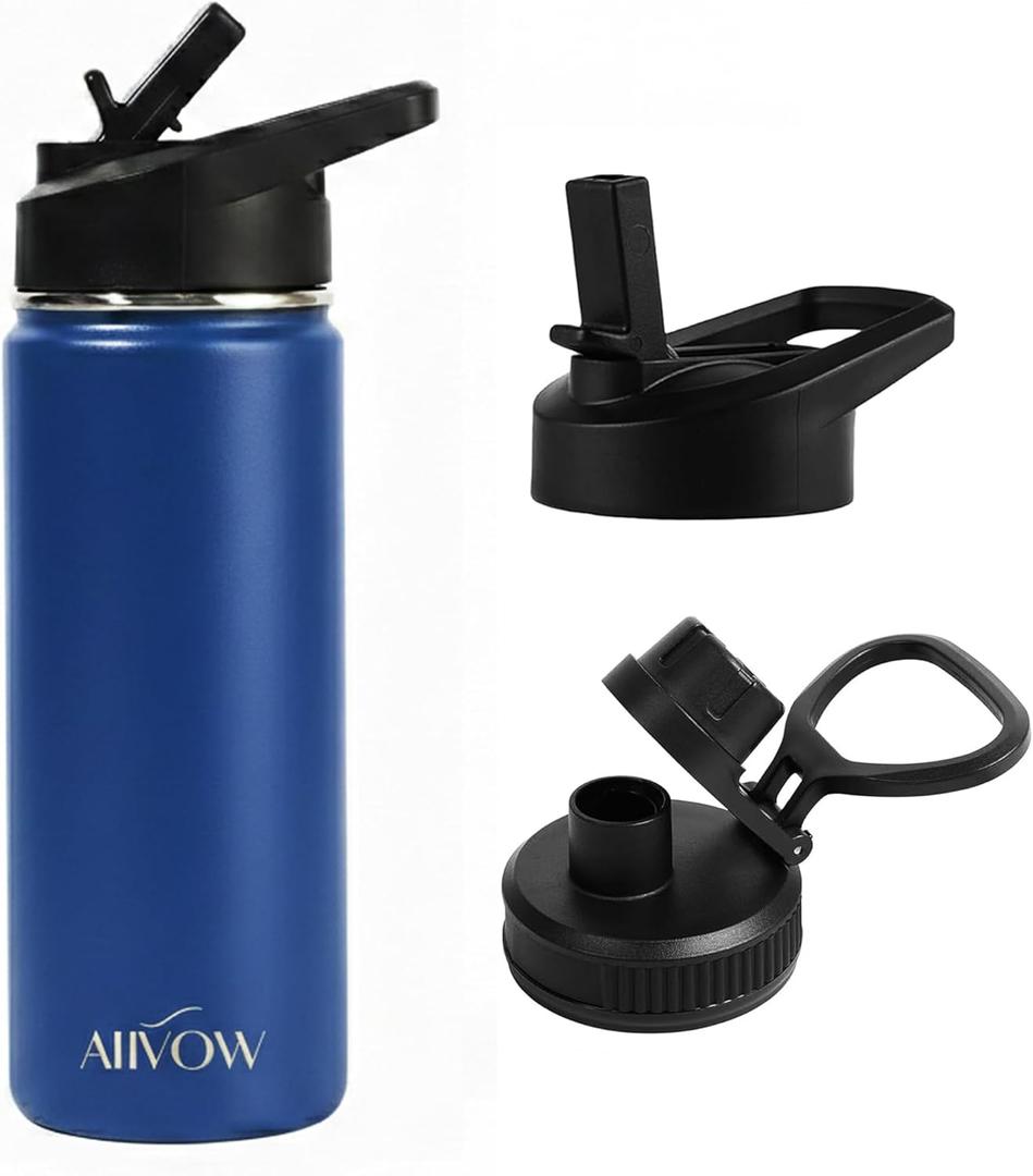 Blue Metal Water Bottle 32 oz with Straw, Mens Gym Leak Proof Stainless Steel Water Bottle, 1Liters Big BPA-Free Sports Vacuum insulated Water Bottle (2 Lids) for Hiking,Travel