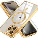 Misea Magnetic for iPhone 15 Pro Max Case with MagSafe [Never Yellowing] [Military Grade Drop Protection] Full Camera Lens Protector Plating Soft Clear Phone Case for Women Girls, Gold