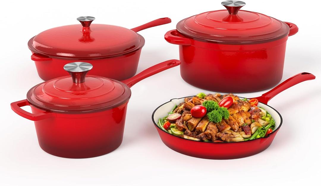MAISON ARTS Enamel Cast Iron 7 Piece Cookware Set, Heavy Duty Dutch Ovens Pot with Lid, Red Non Stick Pots and Pans Sets, Oven Safe up to 500F